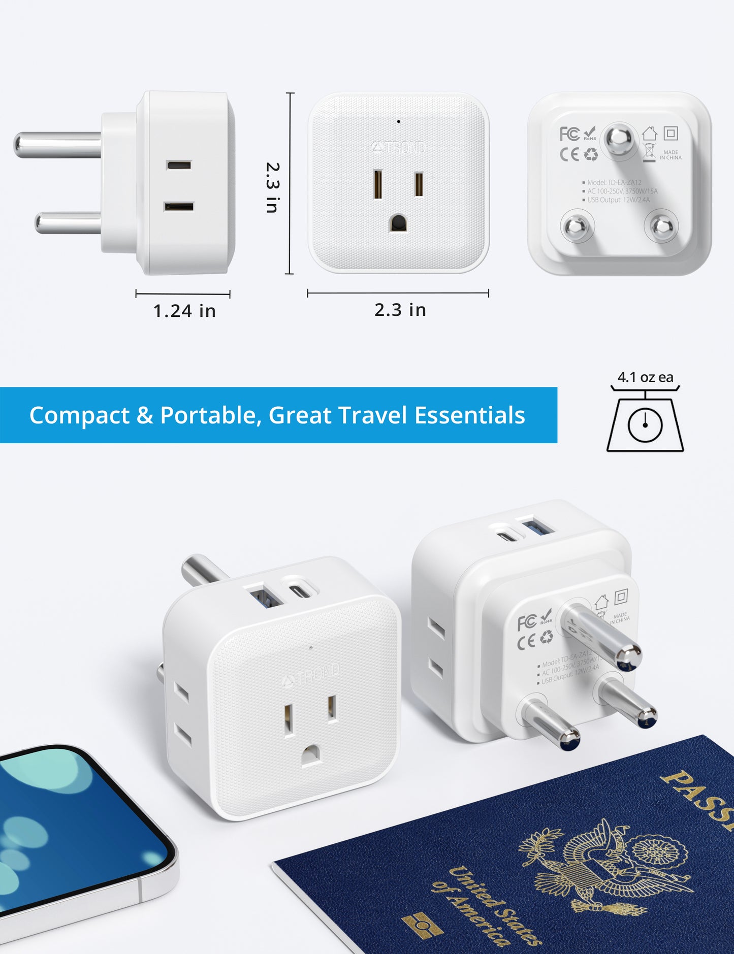 South Africa Power Adapter 2 Pack, US to South Africa Plug Adapter