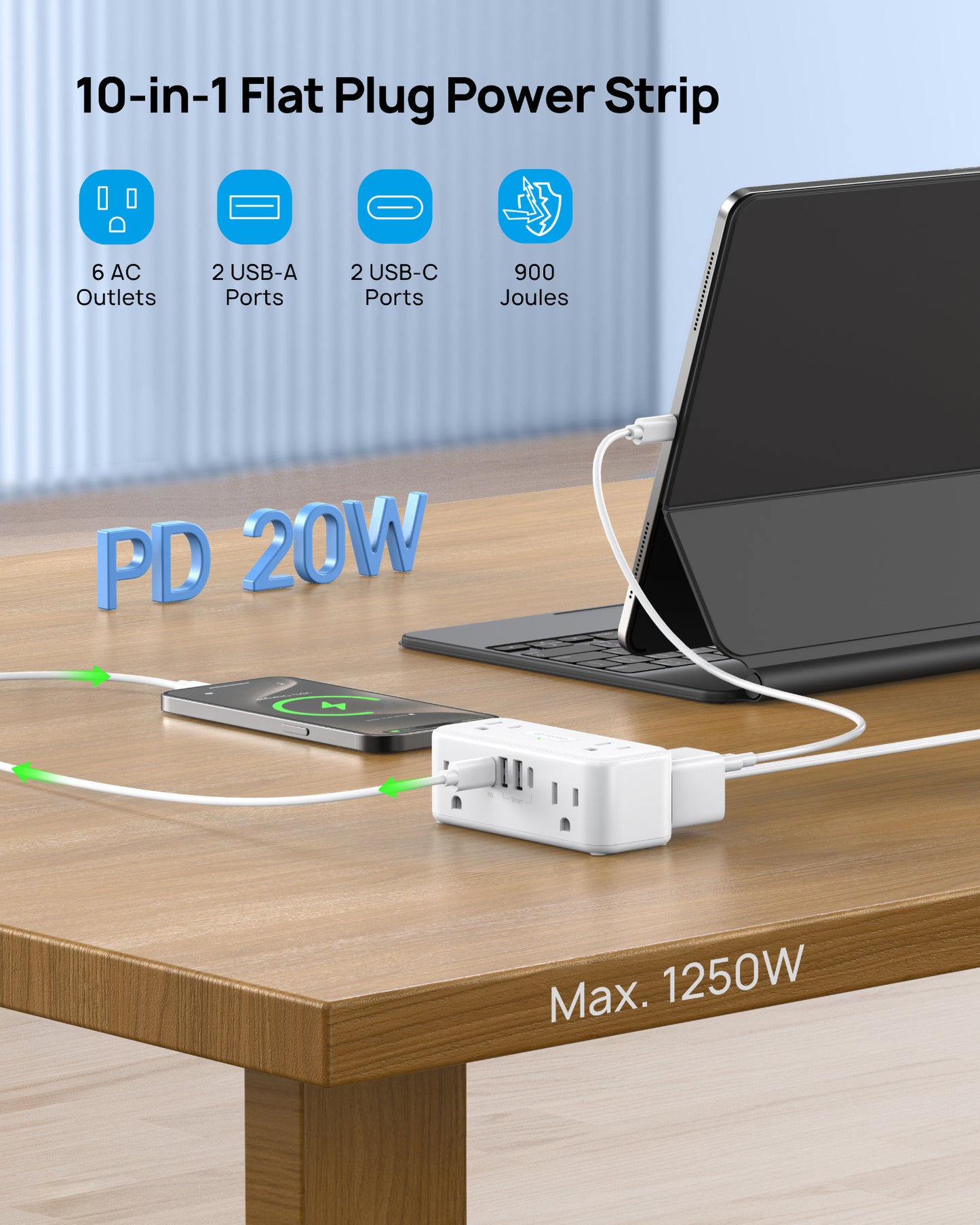 20W USB C Power Strip Surge Protector, Flat Plug Extension Cord with Multiple 6 Outlets