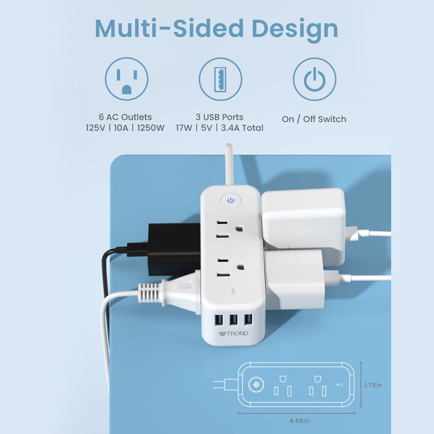 3-Sided Power Strip Surge Protector with 3 USB Ports, for Travel