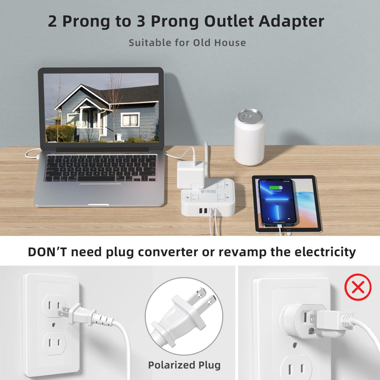 Two Prong Power Strip USB - TROND 2 Prong to 3 Prong Outlet Adapter