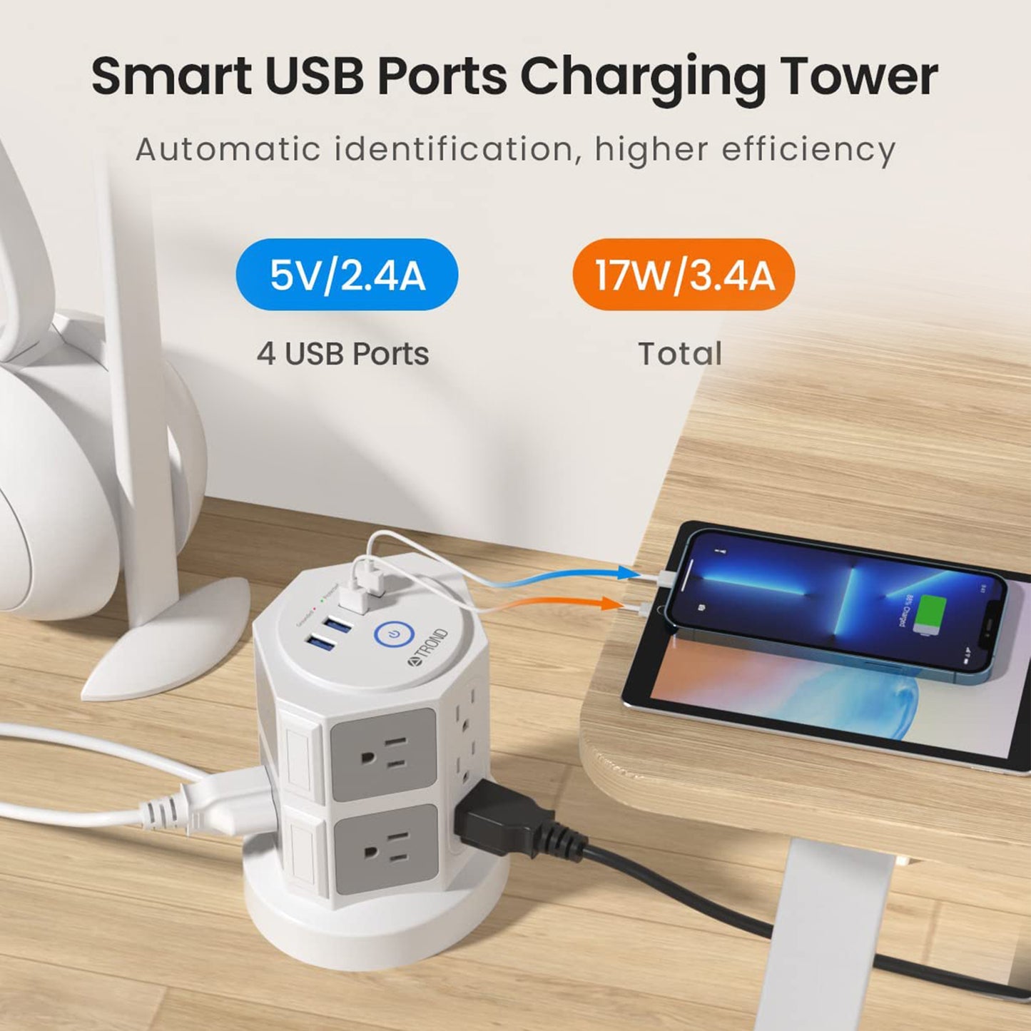 Power Strip Tower Surge Protector, 14 AC Widely Spaced Outlets and 4 USB Charging Ports