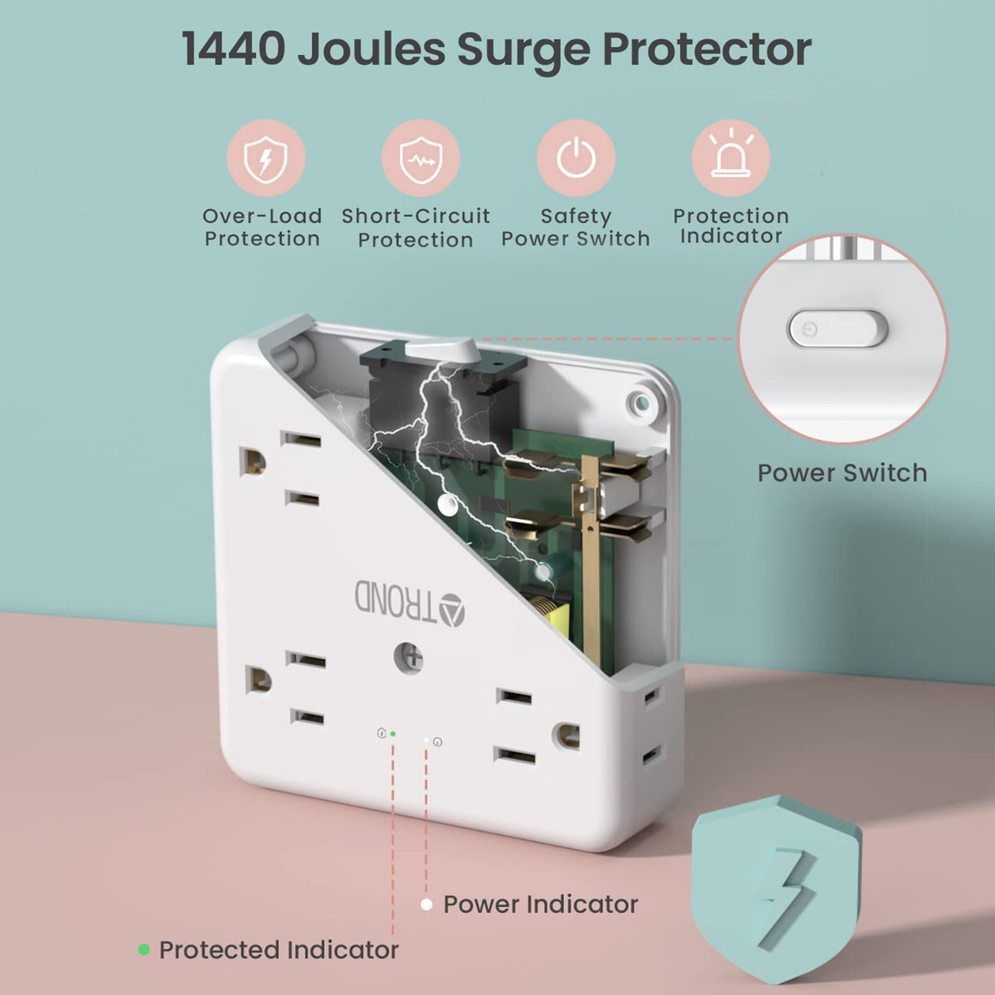 Multi Plug Outlet Extender - 8 Widely Spaced Outlet Splitter, 4 USB Wall Charger, 1440J Surge Protection