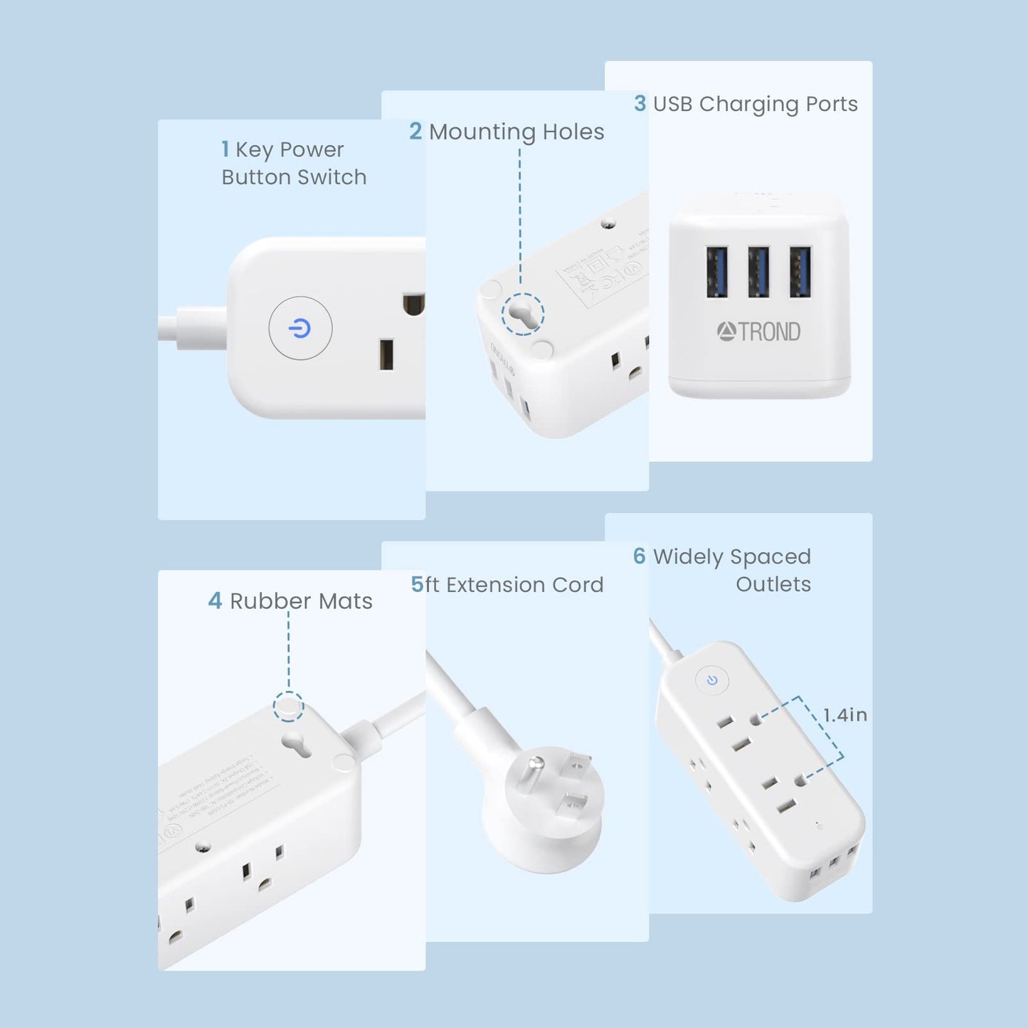 3-Sided Power Strip Surge Protector with 3 USB Ports, for Travel