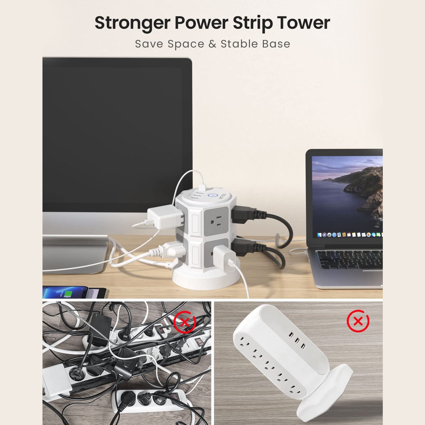Power Strip Tower Surge Protector, 14 AC Widely Spaced Outlets and 4 USB Charging Ports
