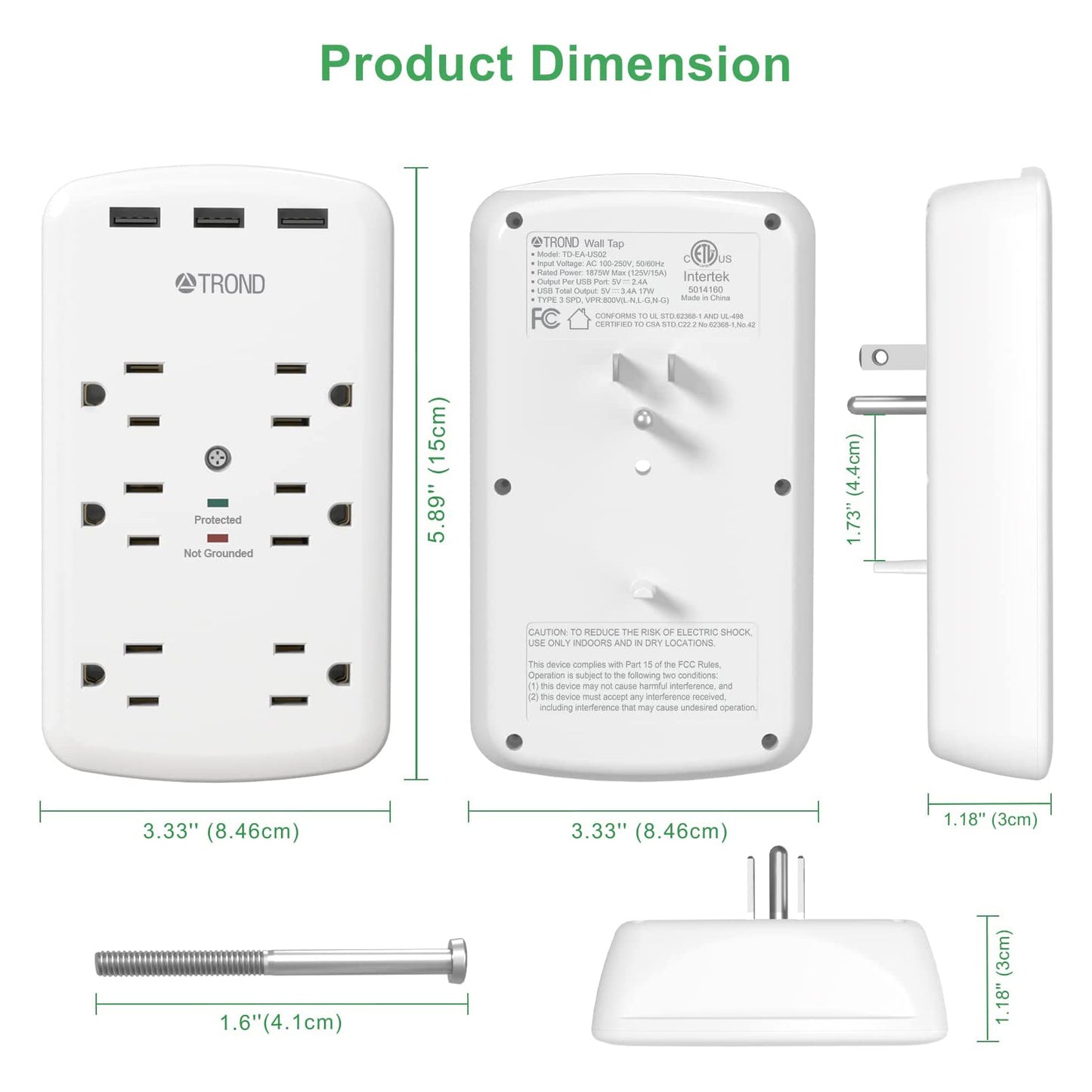 6 Outlet Surge Protector Wall Plug with 3 USB Ports