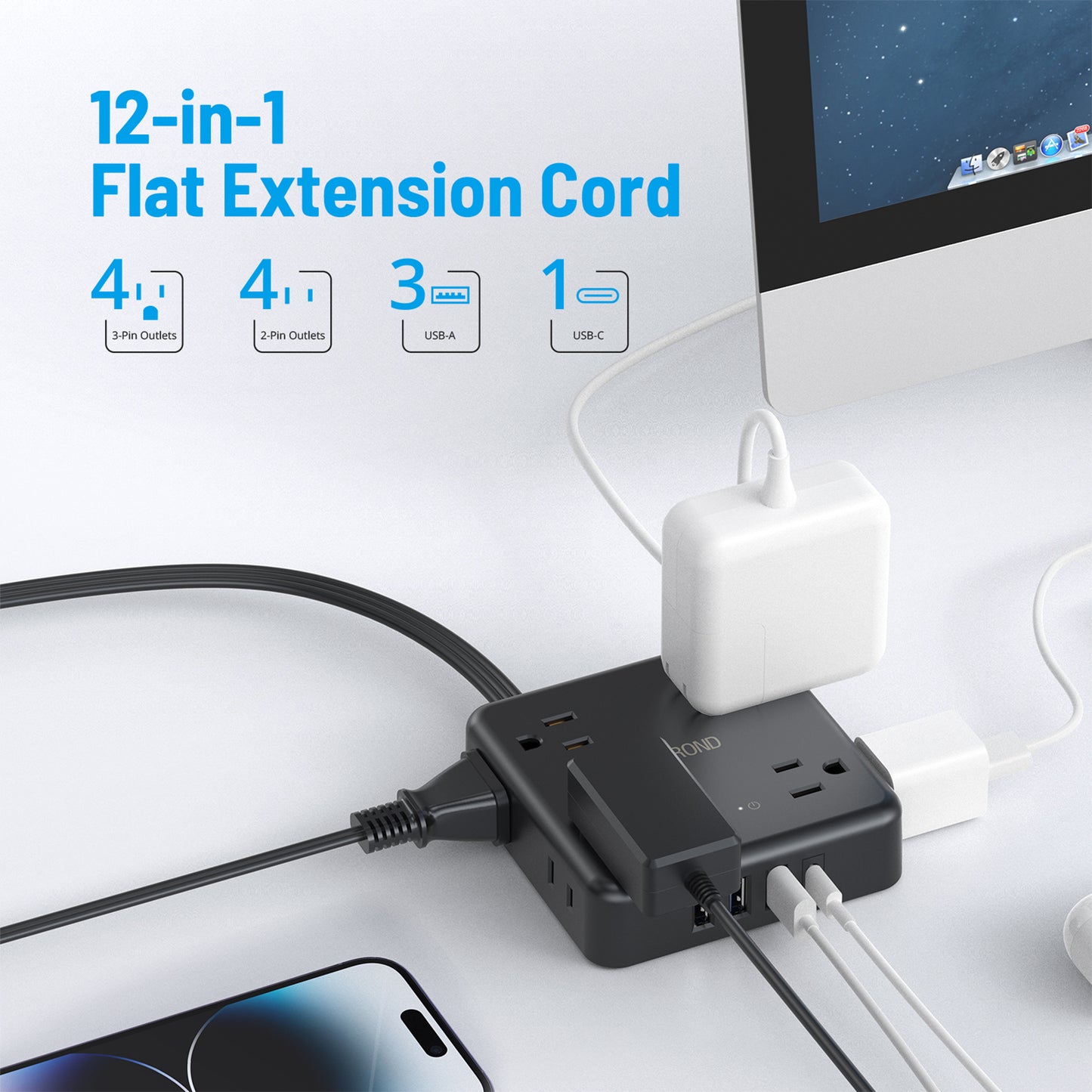 Power Strip Surge Protector with 3 USB-A & 1 USB-C Port, 8 Widely-Spaced Outlets, 1440J