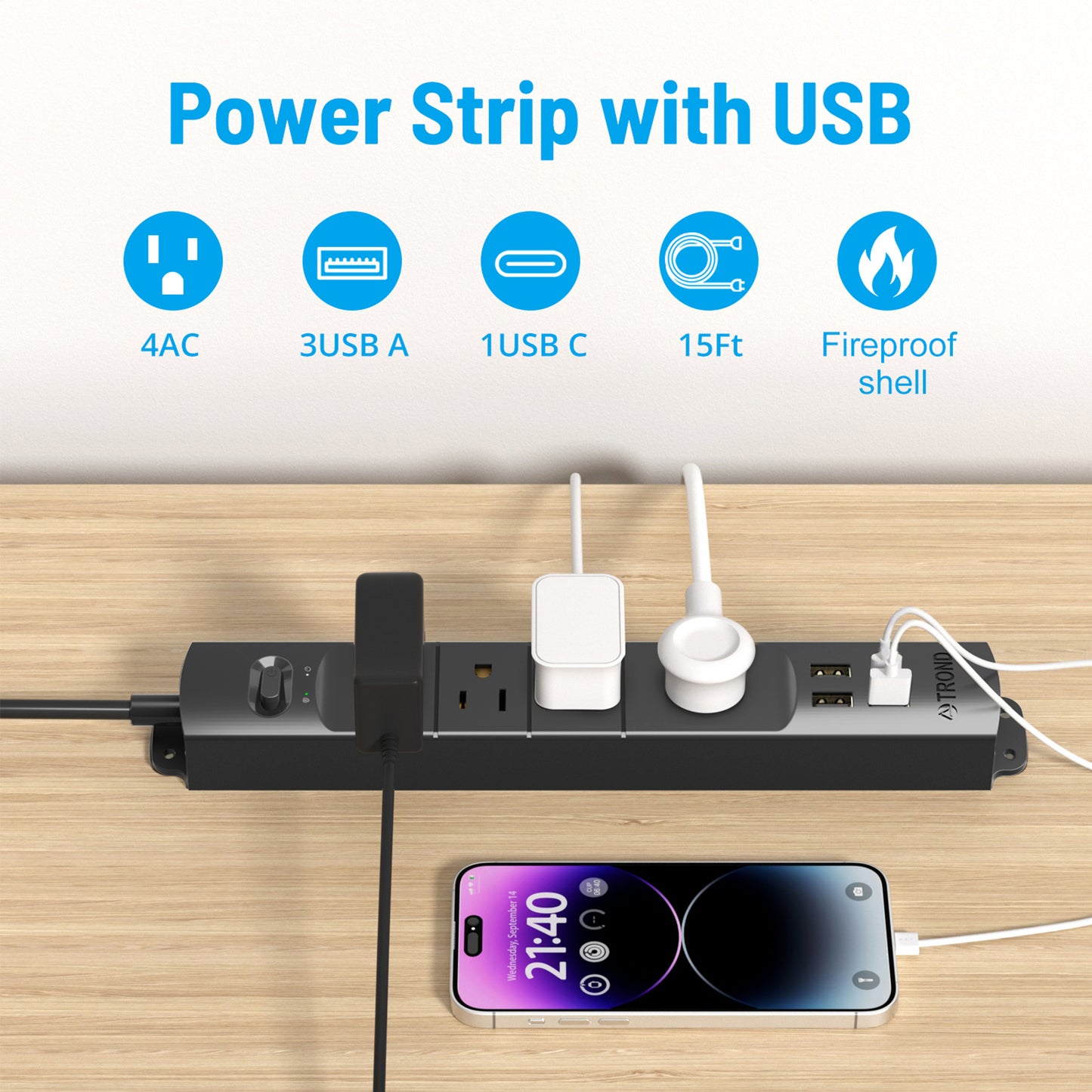 Surge Protector Power Strip with USB 4 AC Outlets and 1440J Surge Protection