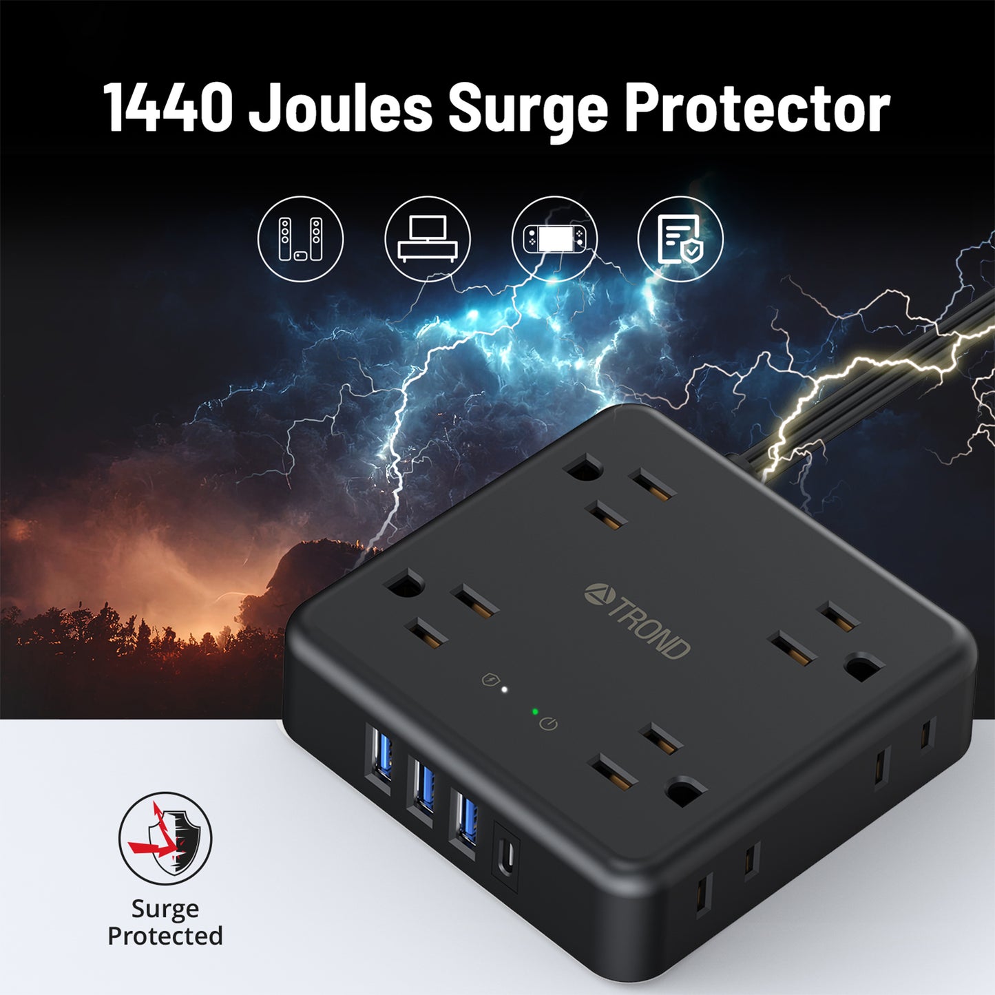 Power Strip Surge Protector with 3 USB-A & 1 USB-C Port, 8 Widely-Spaced Outlets, 1440J