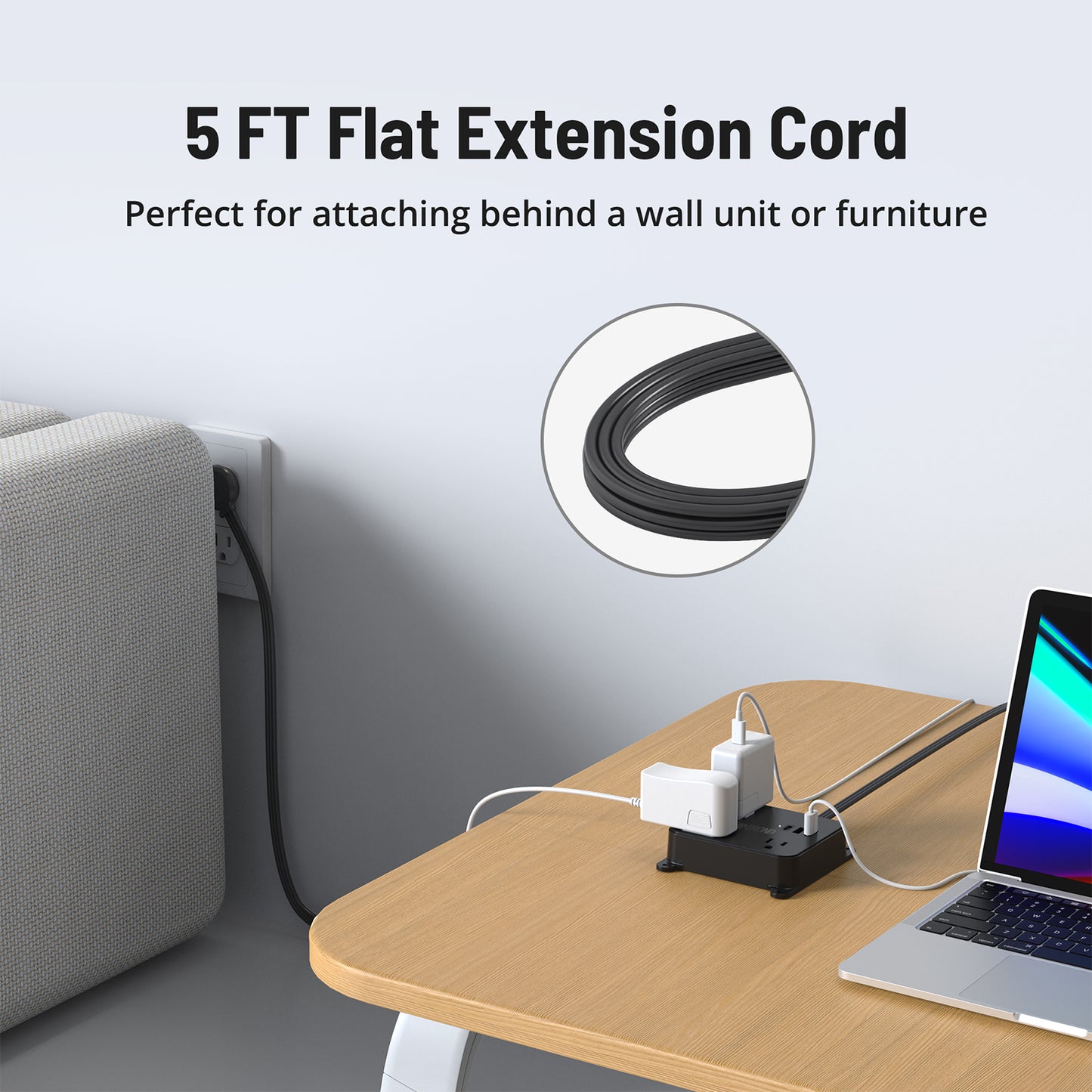 Flat Plug Power Strip Ultra Thin Extension Cord with 3 USB Charger