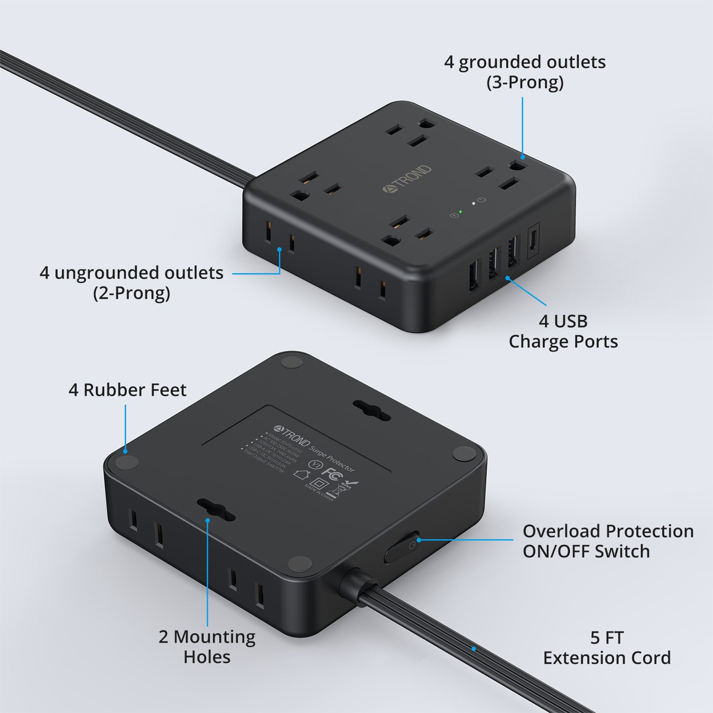 Power Strip Surge Protector with 3 USB-A & 1 USB-C Port, 8 Widely-Spaced Outlets, 1440J