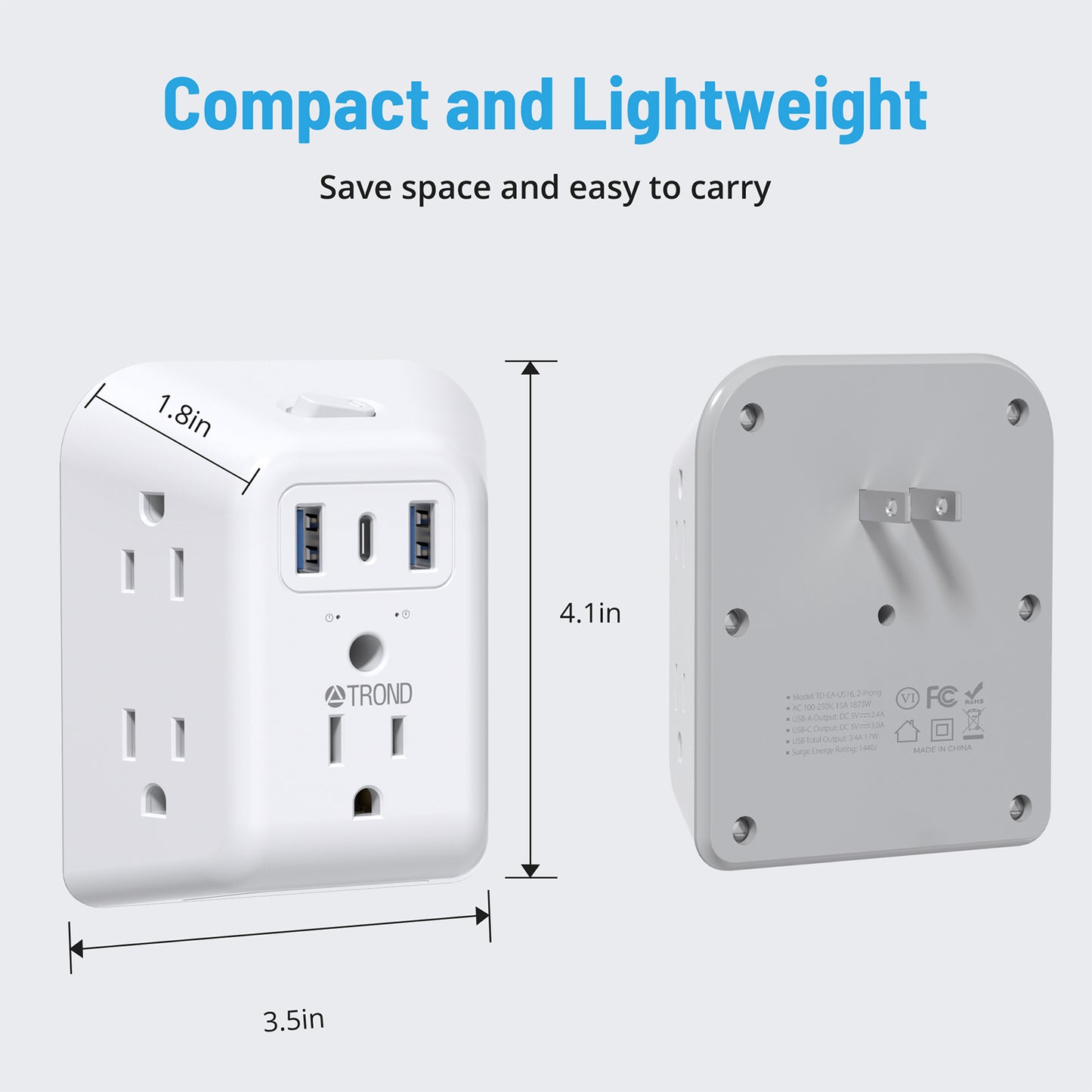2 Prong to 3 Prong Outlet Adapter, TROND 5 Outlet Splitter with 3 USB Ports