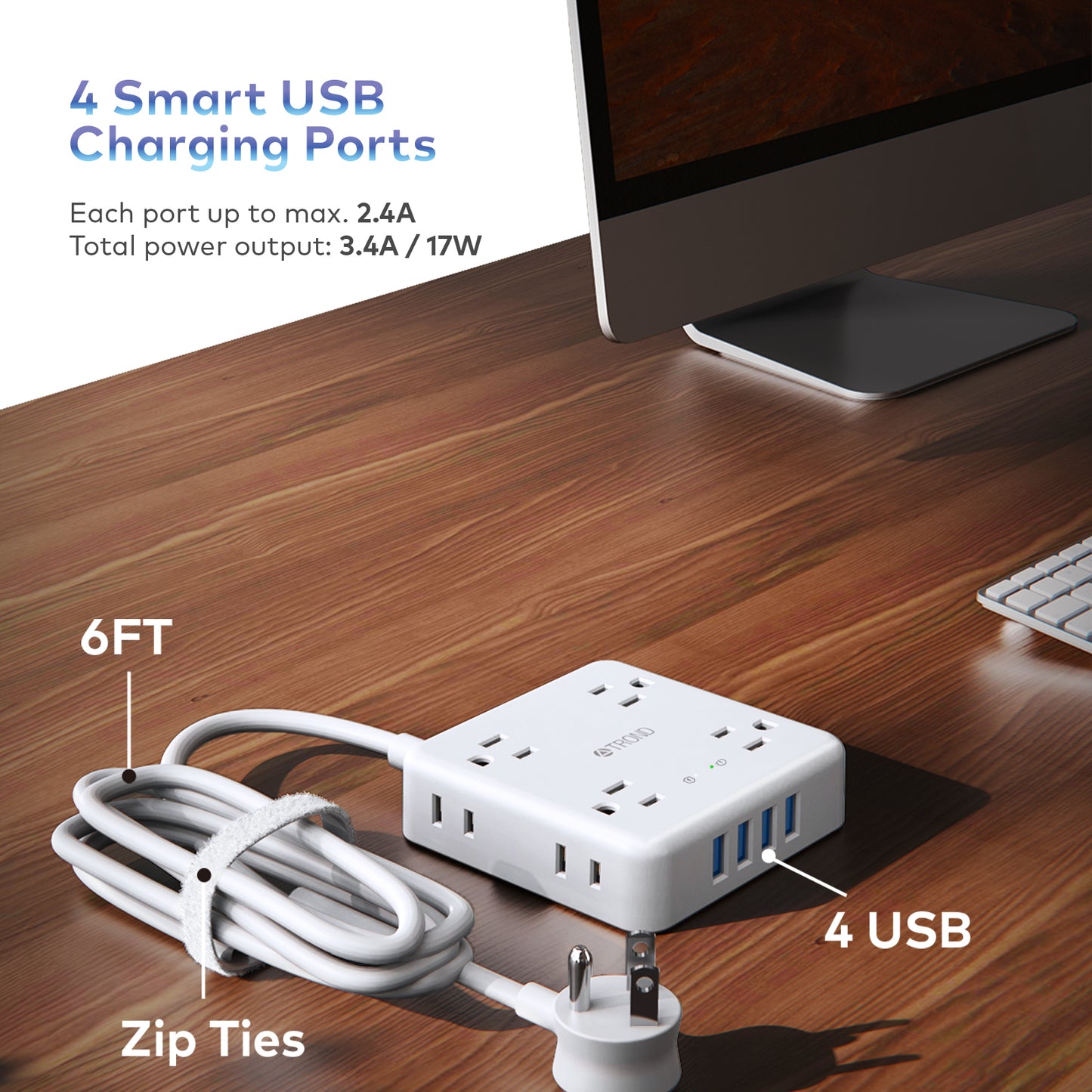 Power Strip Surge Protector 6FT 8 Widely-Spaced Outlets with 4 USB Flat Plug