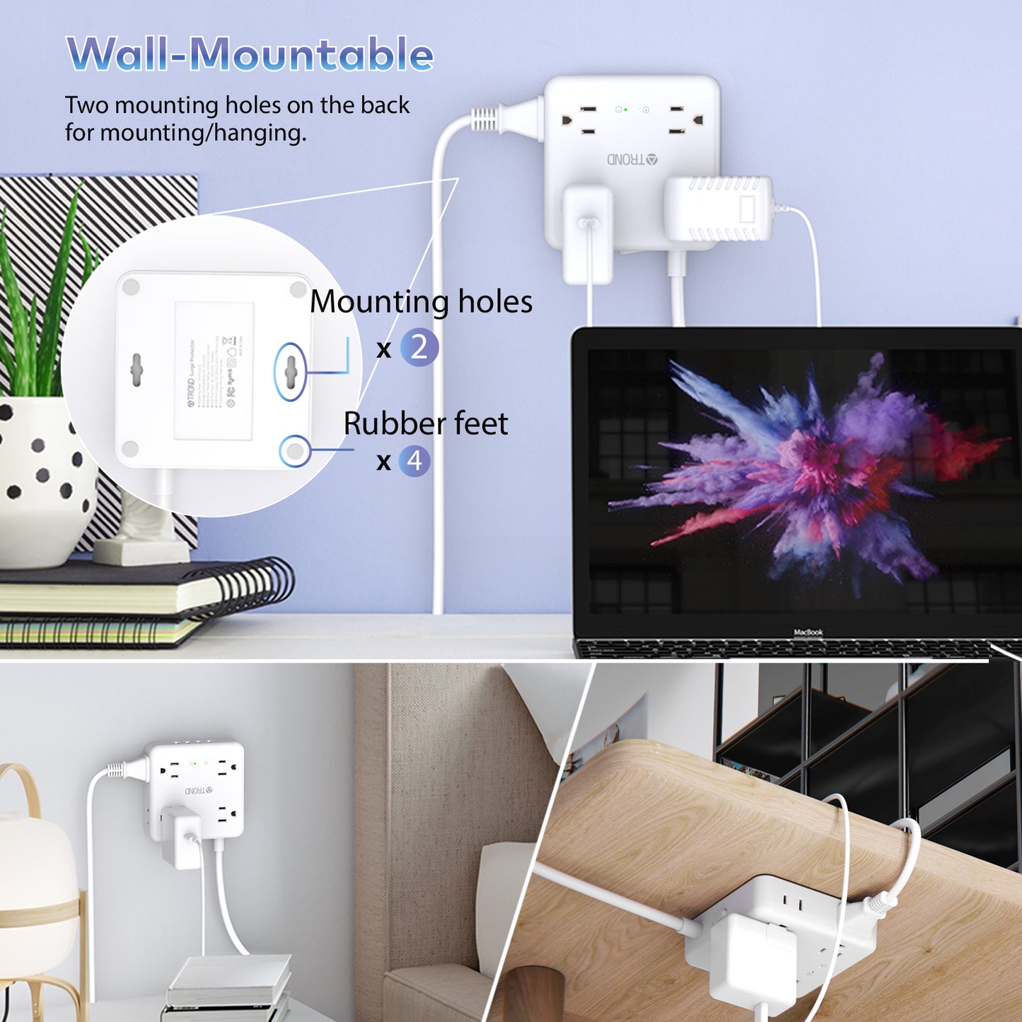 Power Strip Surge Protector 6FT 8 Widely-Spaced Outlets with 4 USB Flat Plug