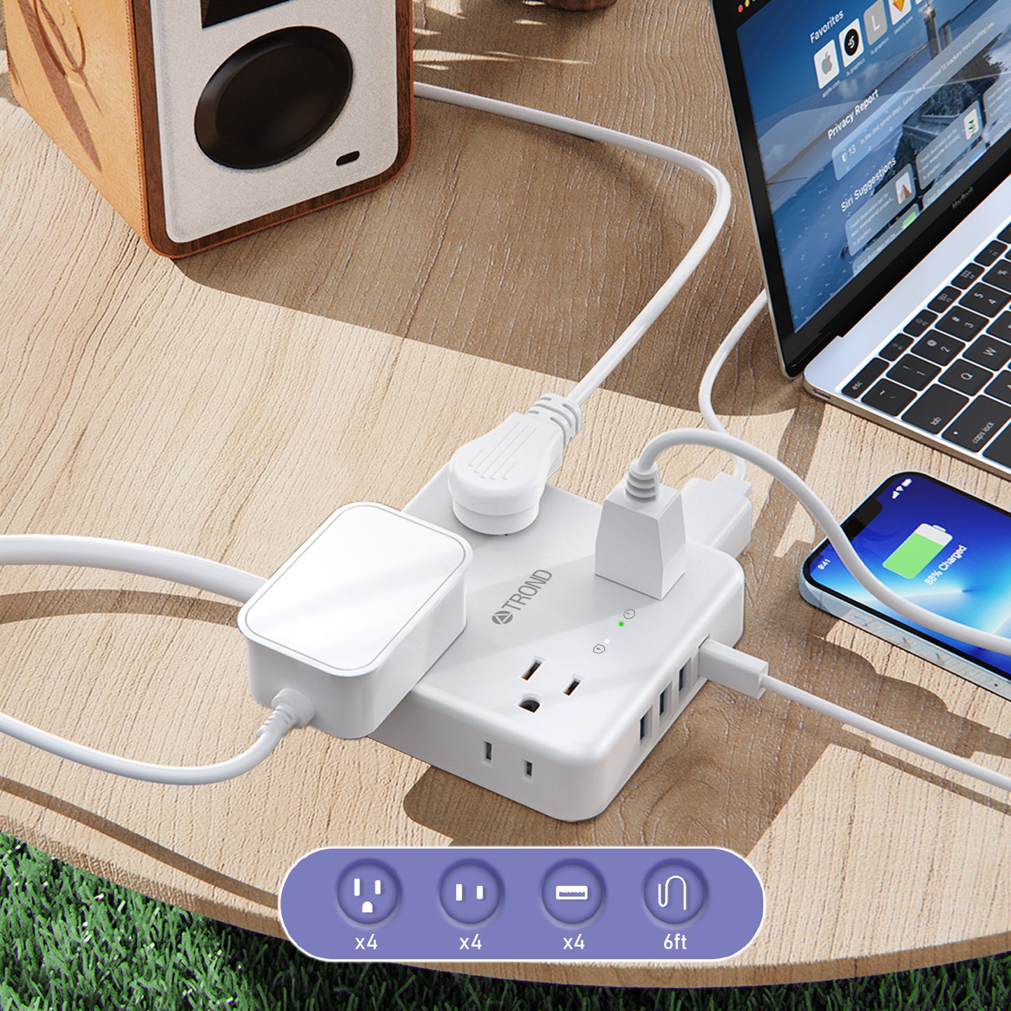 Power Strip Surge Protector 6FT 8 Widely-Spaced Outlets with 4 USB Flat Plug