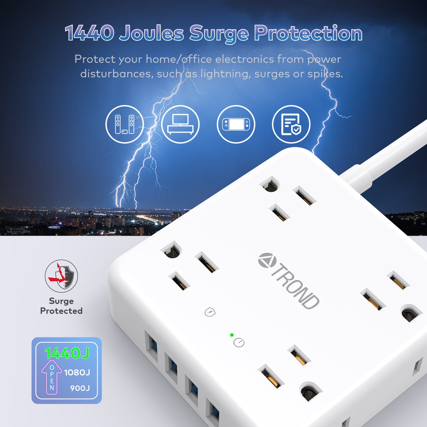 Power Strip Surge Protector 6FT 8 Widely-Spaced Outlets with 4 USB Flat Plug