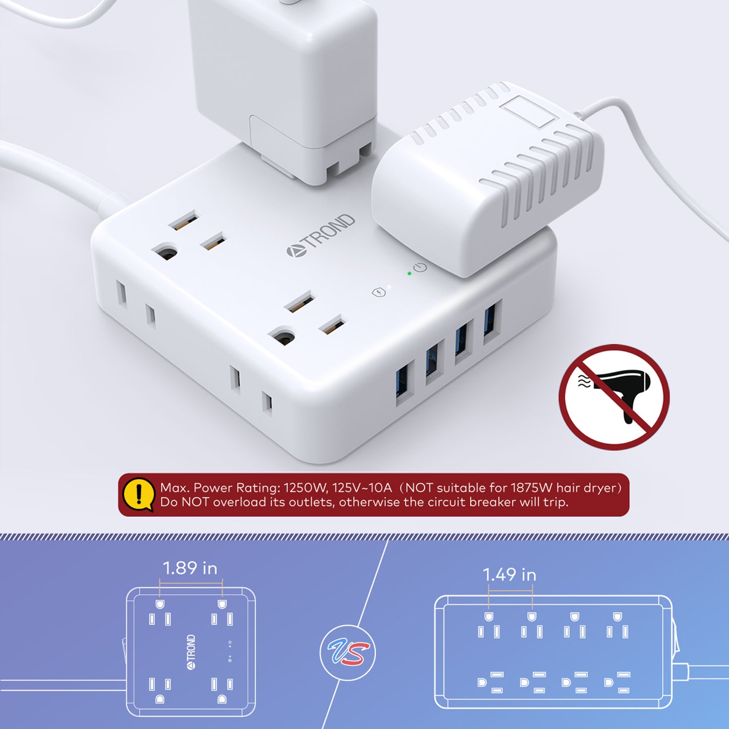 Power Strip Surge Protector 6FT 8 Widely-Spaced Outlets with 4 USB Flat Plug