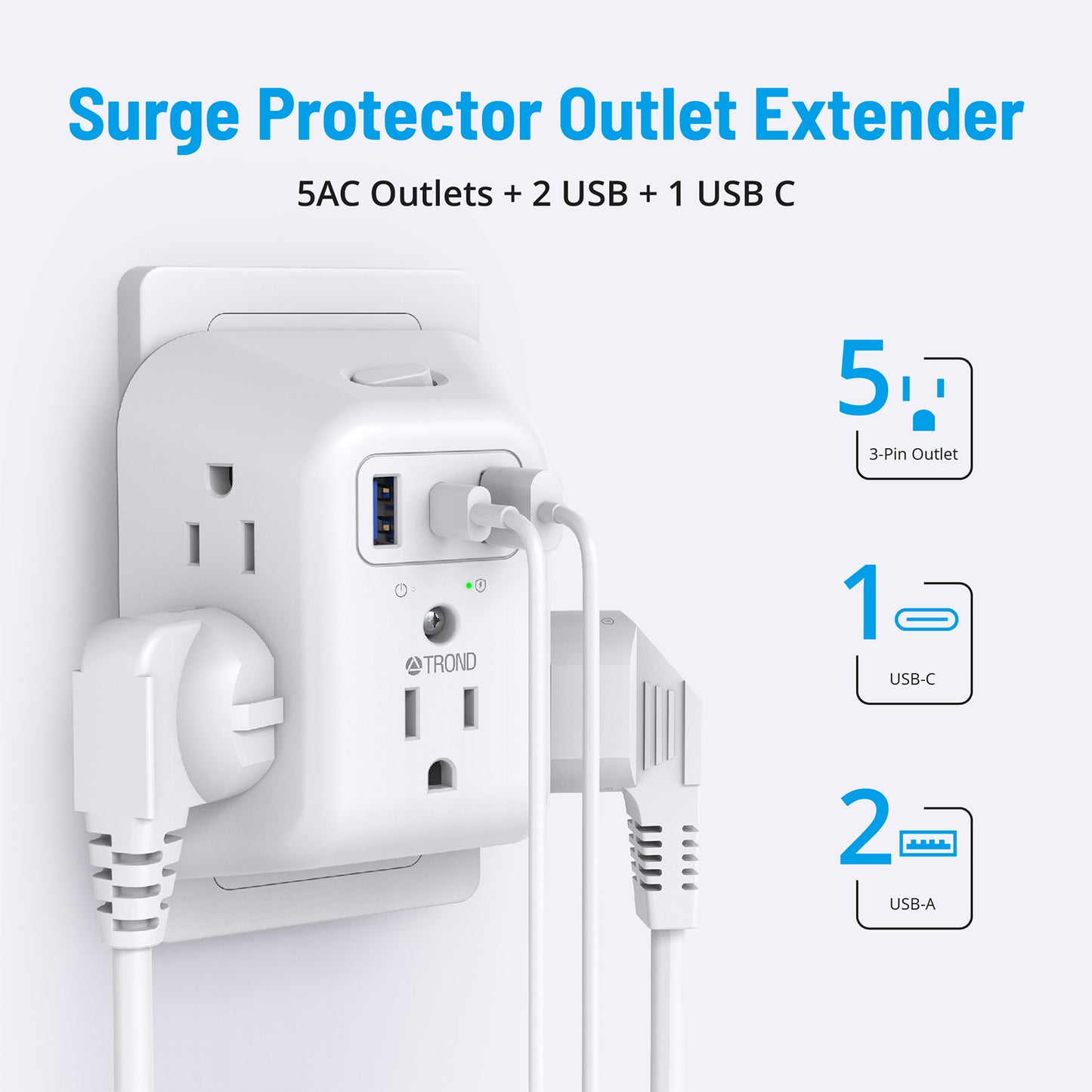 USB Wall Charger Surge Protector 5 Outlet Extender and 3 USB Charging Ports