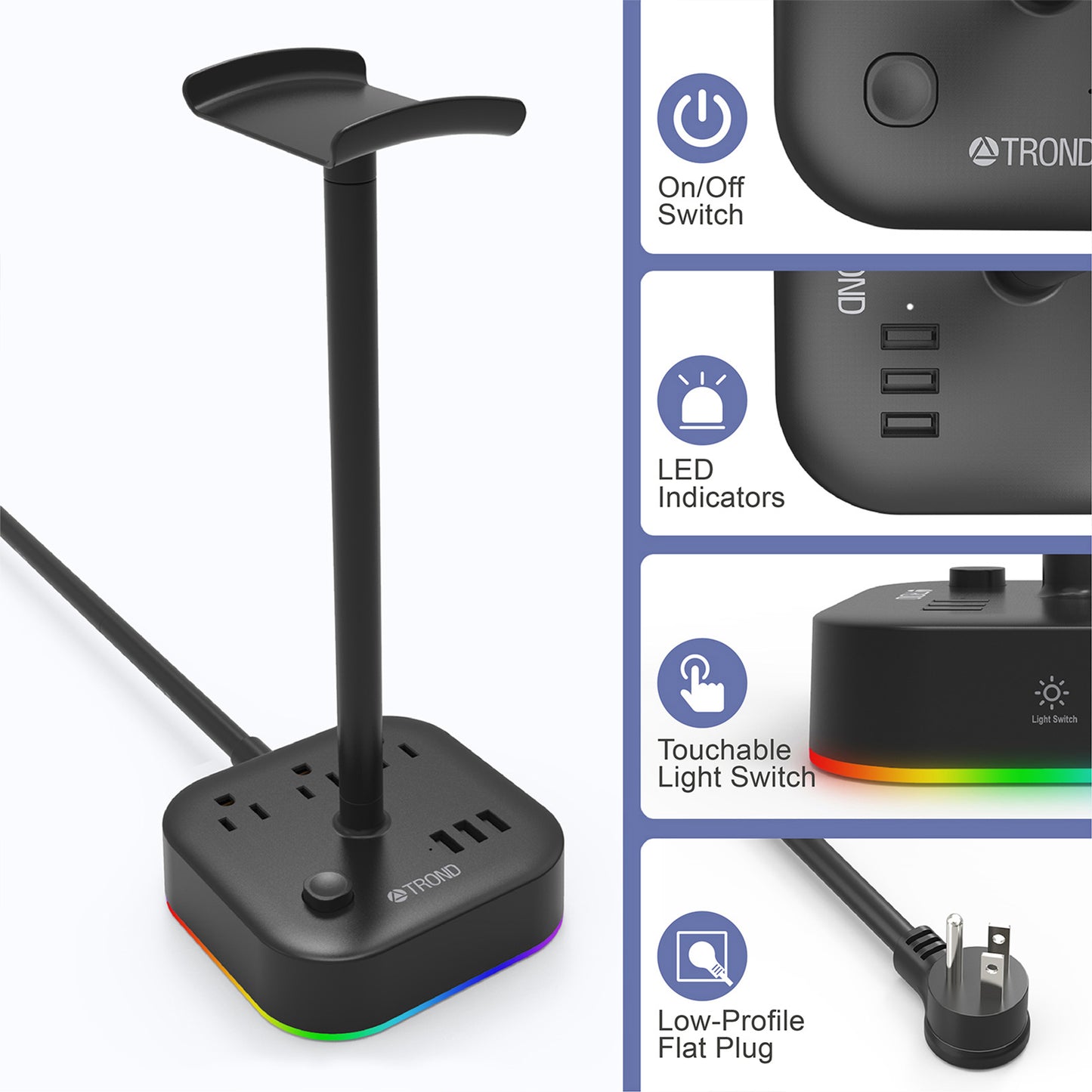 Gaming Headset Stand with 3 AC Outlets & 3 USB Ports