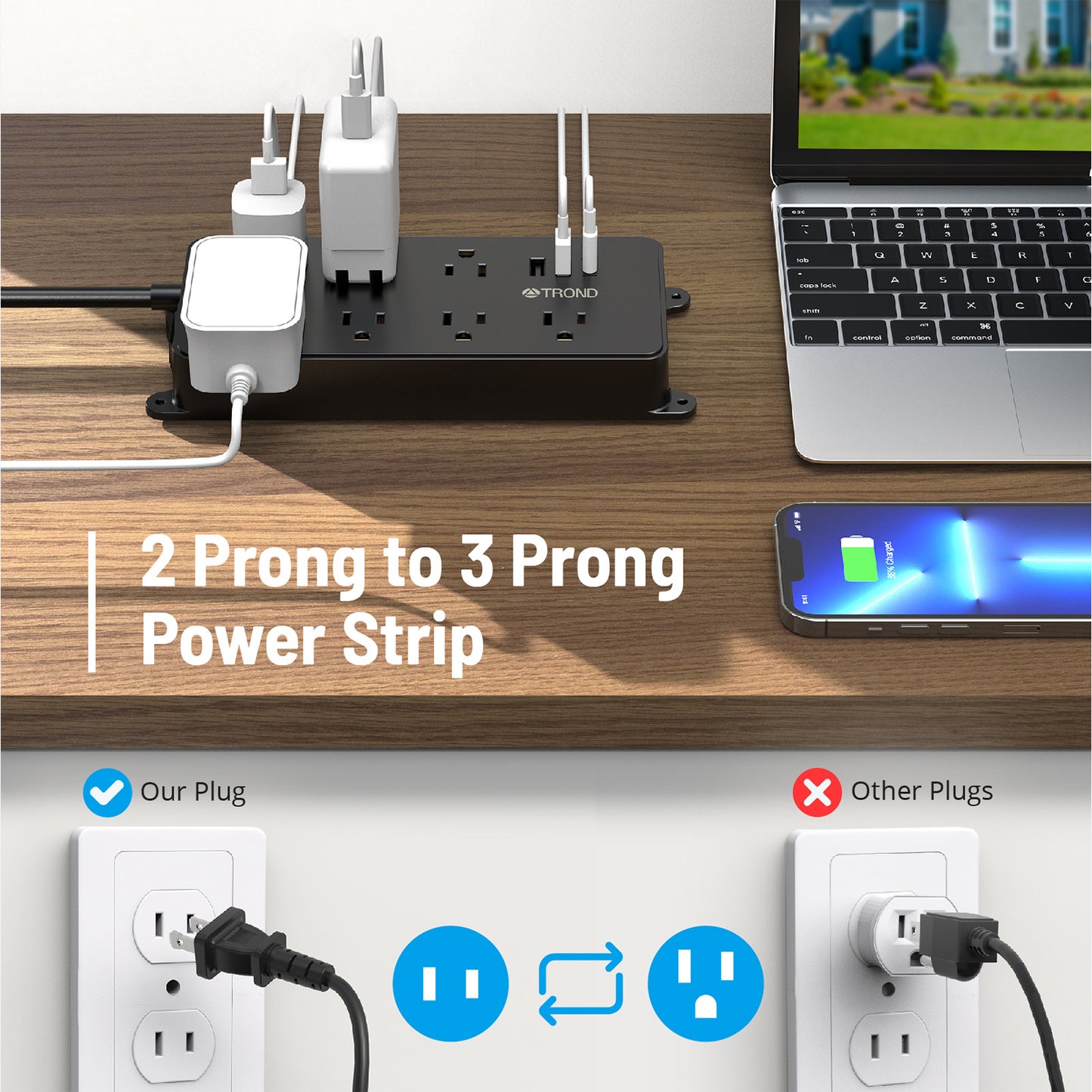 TROND 2 Prong Power Strip, 2 Prong to 3 Prong Adapter with 7 Widely-Spaced AC Outlets