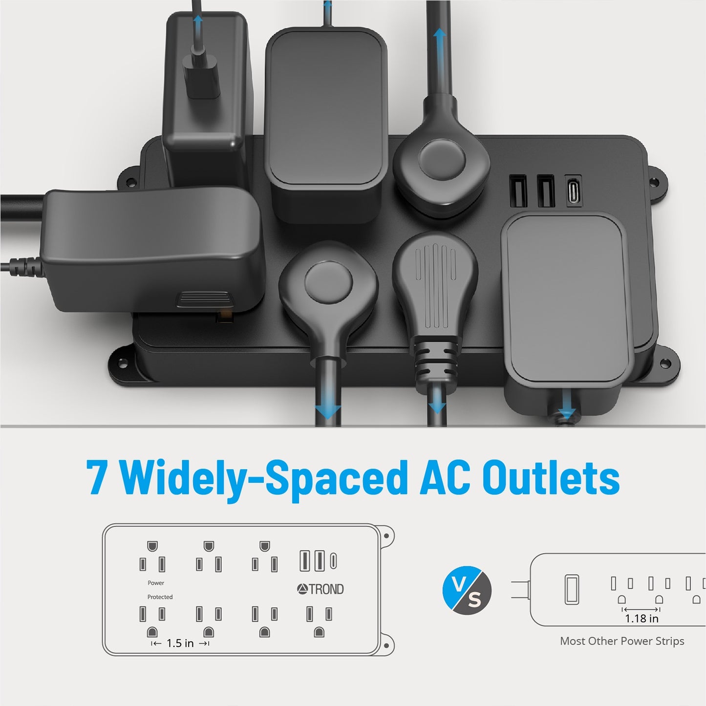 TROND 2 Prong Power Strip, 2 Prong to 3 Prong Adapter with 7 Widely-Spaced AC Outlets