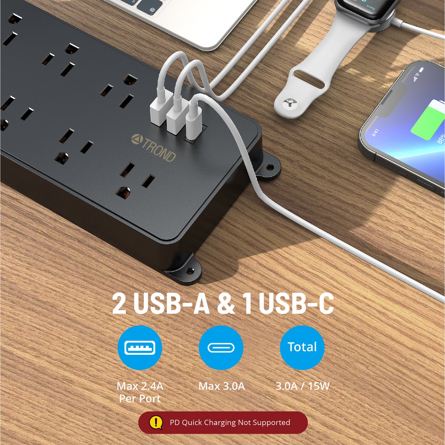 TROND 2 Prong Power Strip, 2 Prong to 3 Prong Adapter with 7 Widely-Spaced AC Outlets