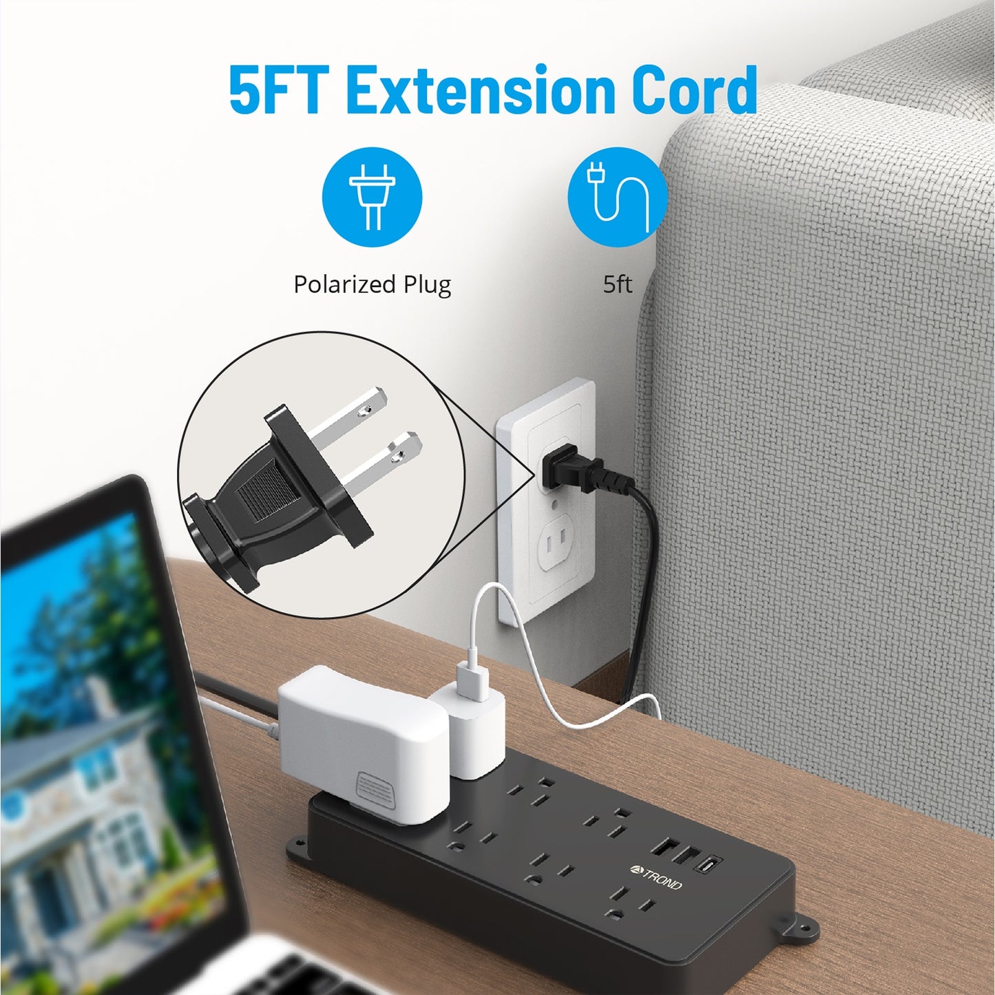 TROND 2 Prong Power Strip, 2 Prong to 3 Prong Adapter with 7 Widely-Spaced AC Outlets