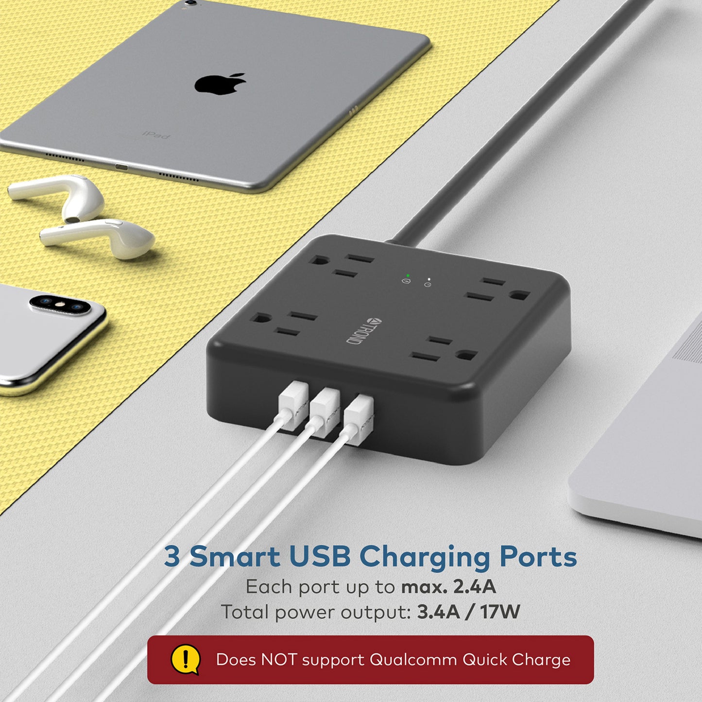 4-Outlet Surge Protector w/ 3 USB Ports, 5ft, 1440J