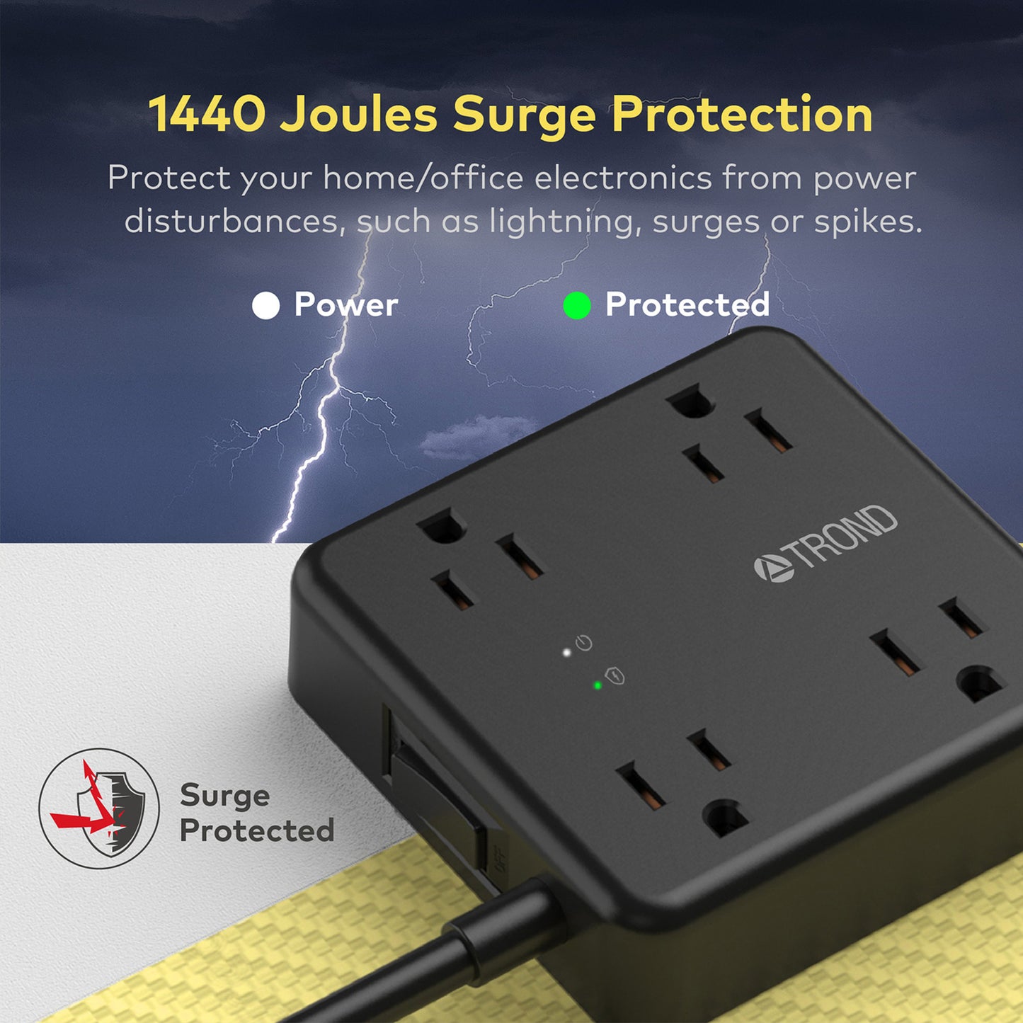 4-Outlet Surge Protector w/ 3 USB Ports, 5ft, 1440J