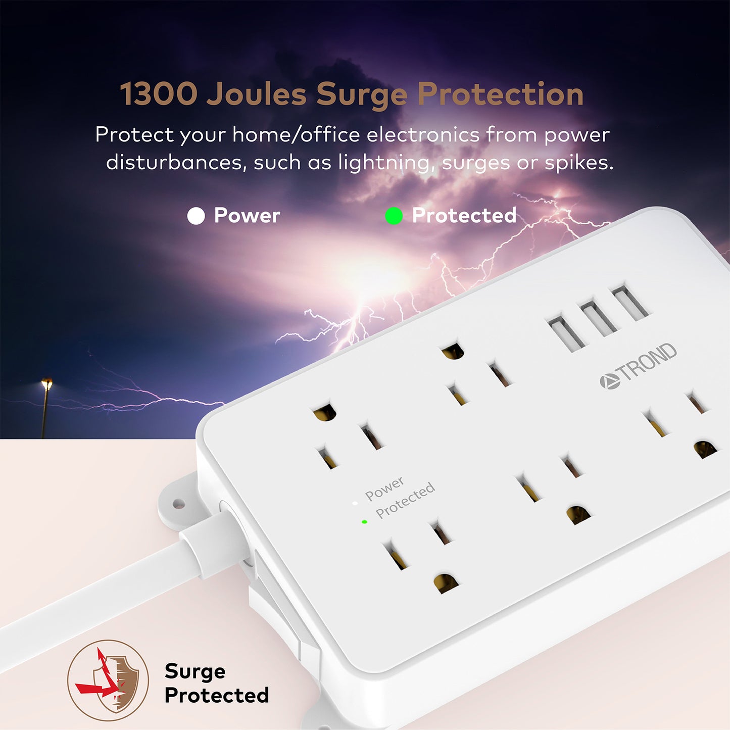 5-Outlet Surge Protector w/ 3 USB Ports, 1300J White
